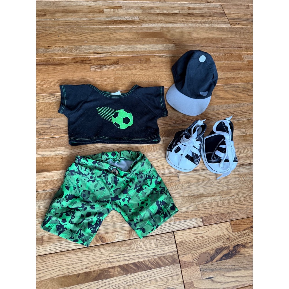 Build a Bear Soccer Outfit Shirt Shorts Cap Shoes Green Black‎ Ball Graphic